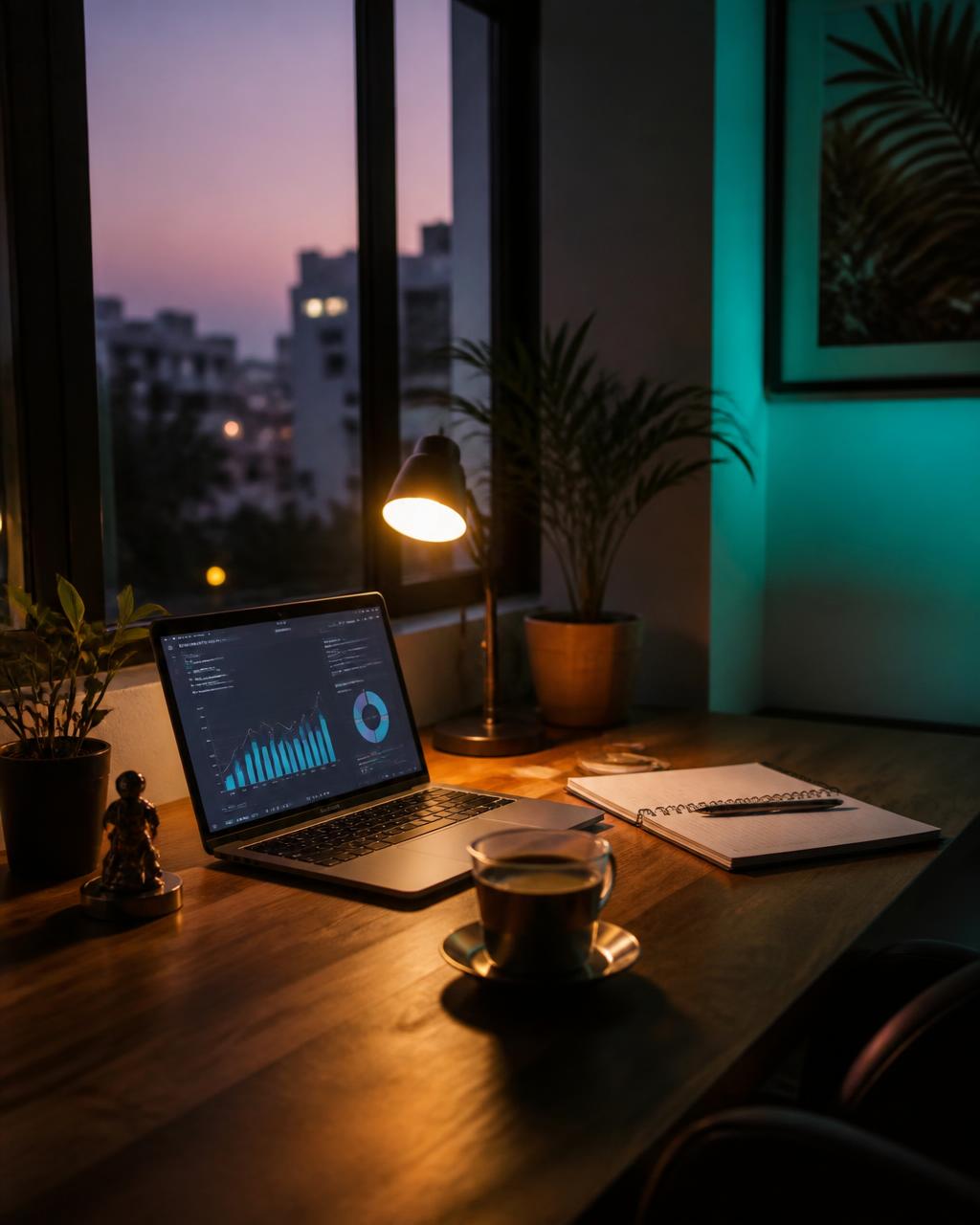 A Zenblizz desk in Chennai, India at dusk with a laptop showing analytics