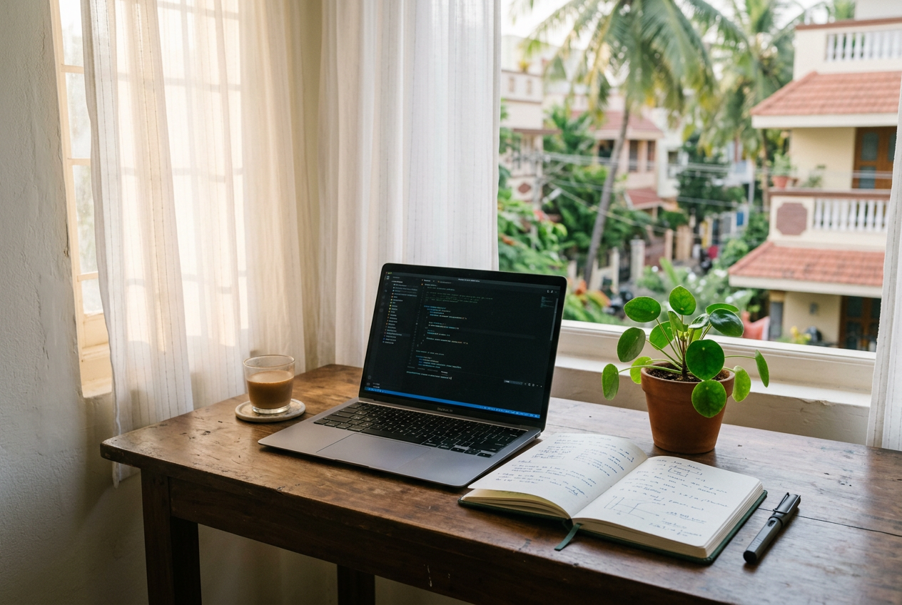 A quiet workspace in Chennai with a laptop, notebook and morning light