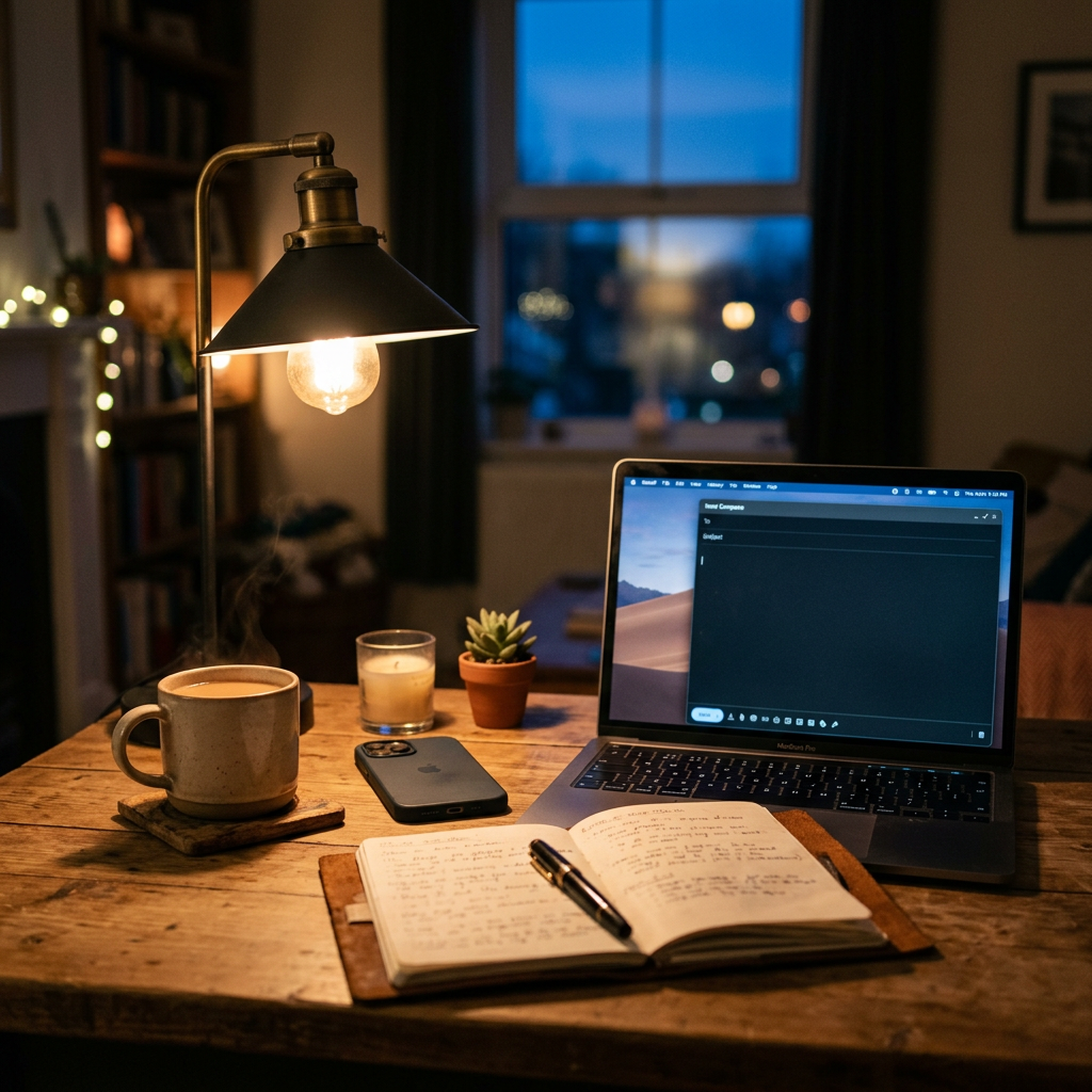 A warm desk at dusk with a laptop, notebook and cup of chai