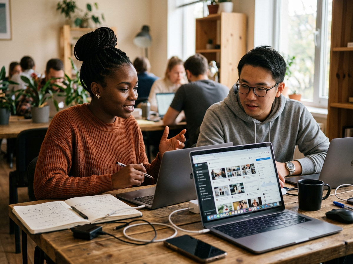 Two marketers reviewing social media content on laptops in a studio