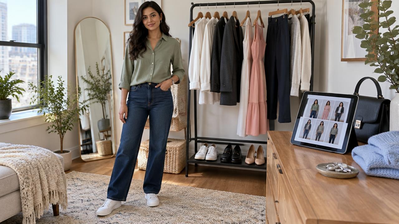 Everyday outfit inspiration with a woman in a green shirt and jeans beside a curated wardrobe and a tablet showing outfit ideas