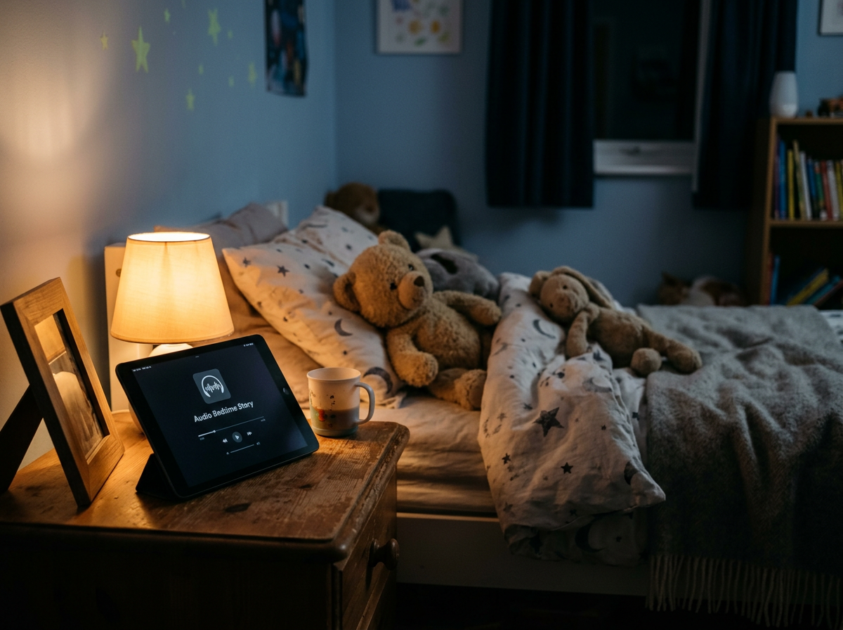 A tablet playing an audio bedtime story on a nightstand in a cosy child's bedroom