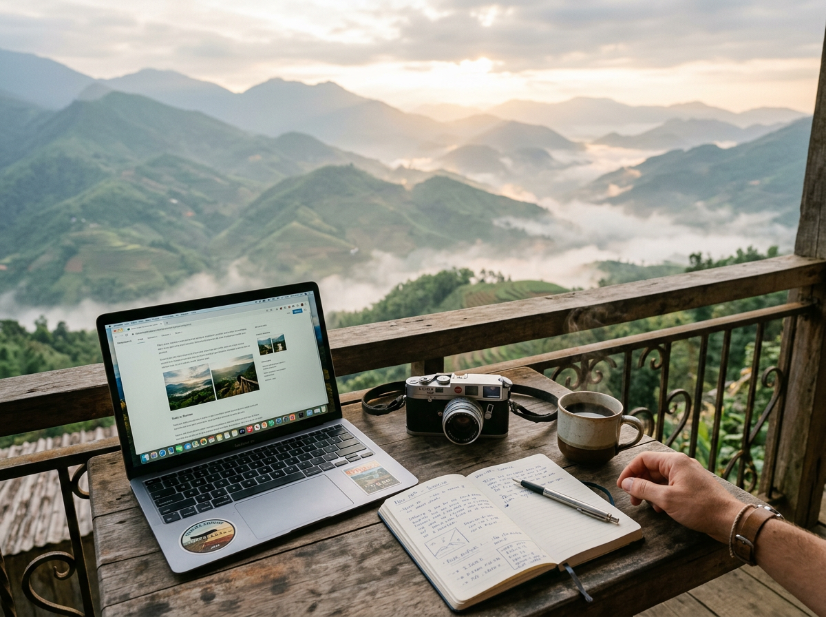 A laptop and camera on a balcony table overlooking misty mountains
