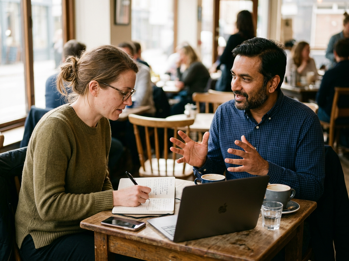 Two people in a one-on-one strategy session over coffee and notes