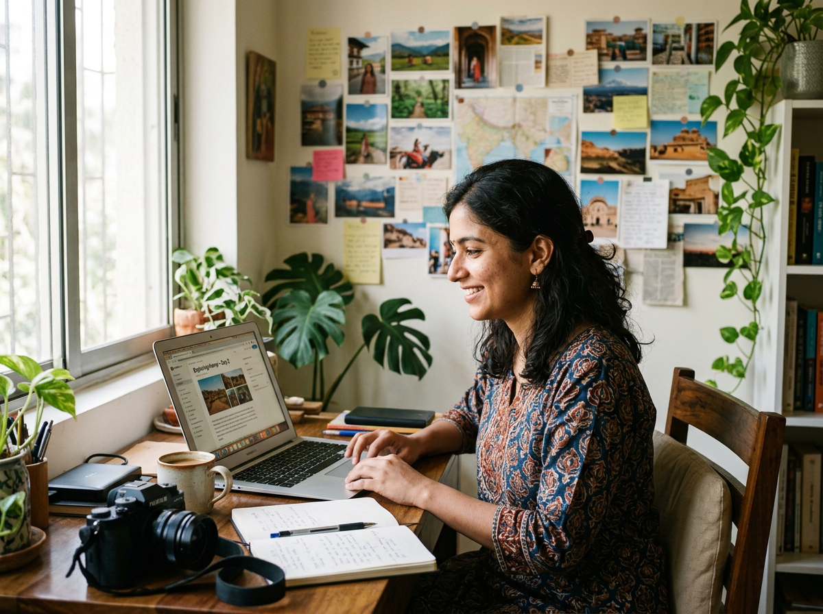 A blogger writing a travel post at a sunlit desk beside a photo mood board