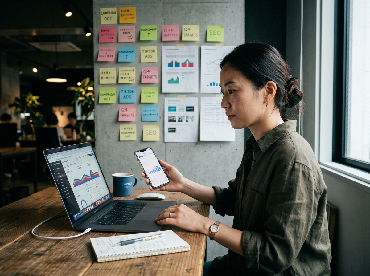 A strategist reviewing social media analytics on a laptop and phone