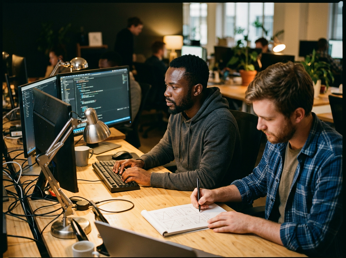 A developer writing code beside a designer sketching wireframes